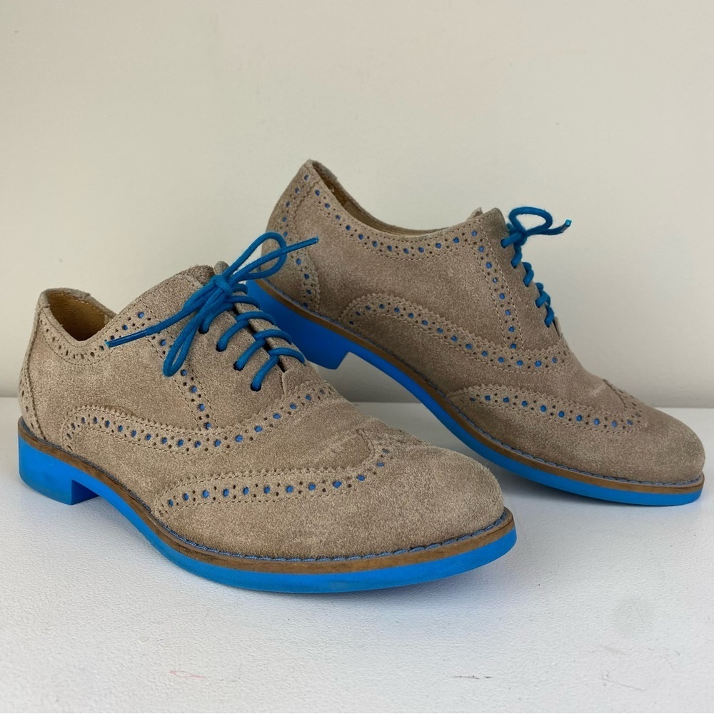 Cole Haan Taupe Suede Wingtip Flats with Bright Blue Accents